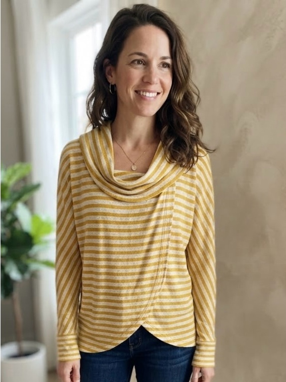 Kori America | Oversized Yellow & Cream Striped Cowl Neck Knit Top | Sz S